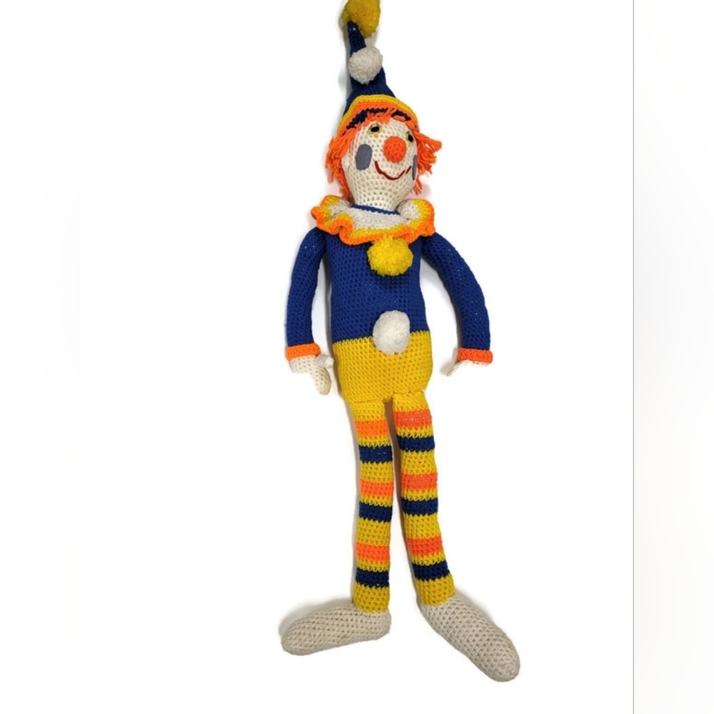 Handmade Large Yellow & Blue Clown Knit Plush Toy Collectable